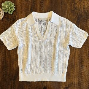 LOFT | Off White Johnny Collar Pointelle Knit Sweater, Size S